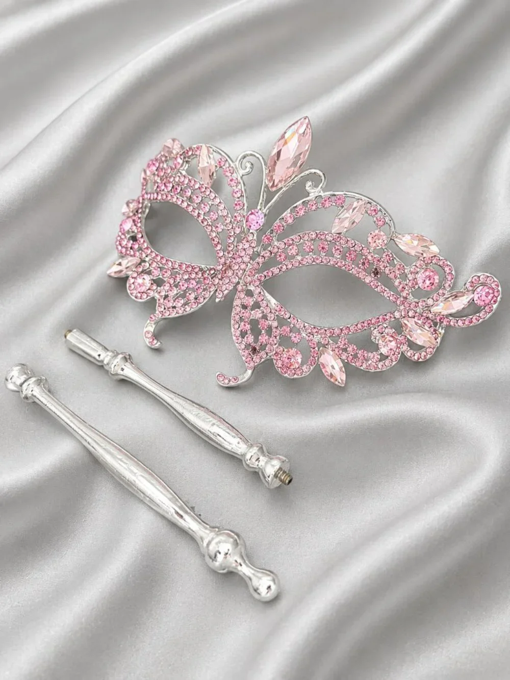 Pink Crystal Masquerade Mask with Silver Stick,Wedding Photo Prop, Prom Mask